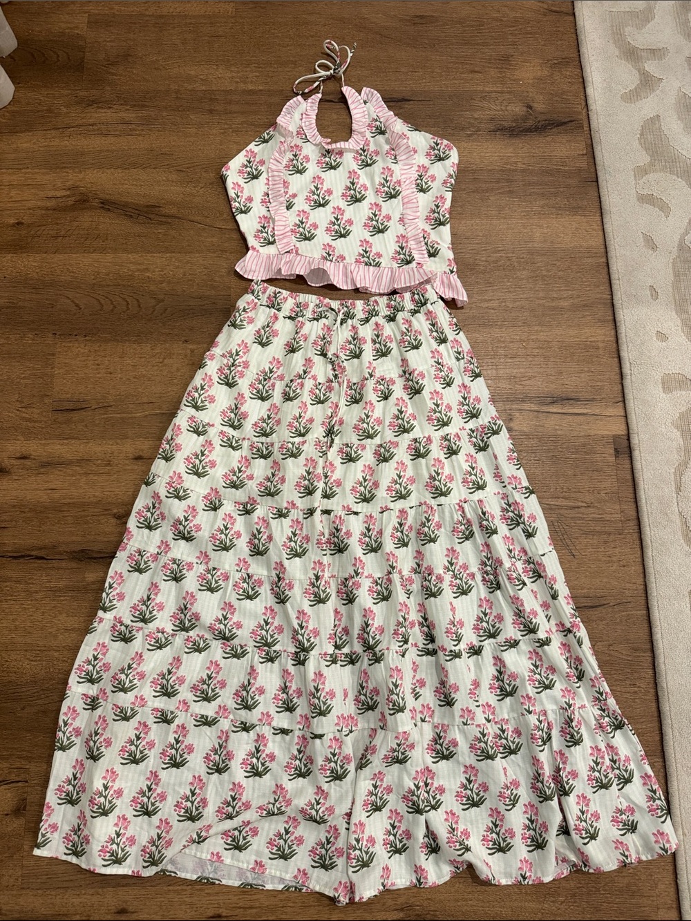 Fancy Floral Halter Maxi Dress Set - Pink & Cream